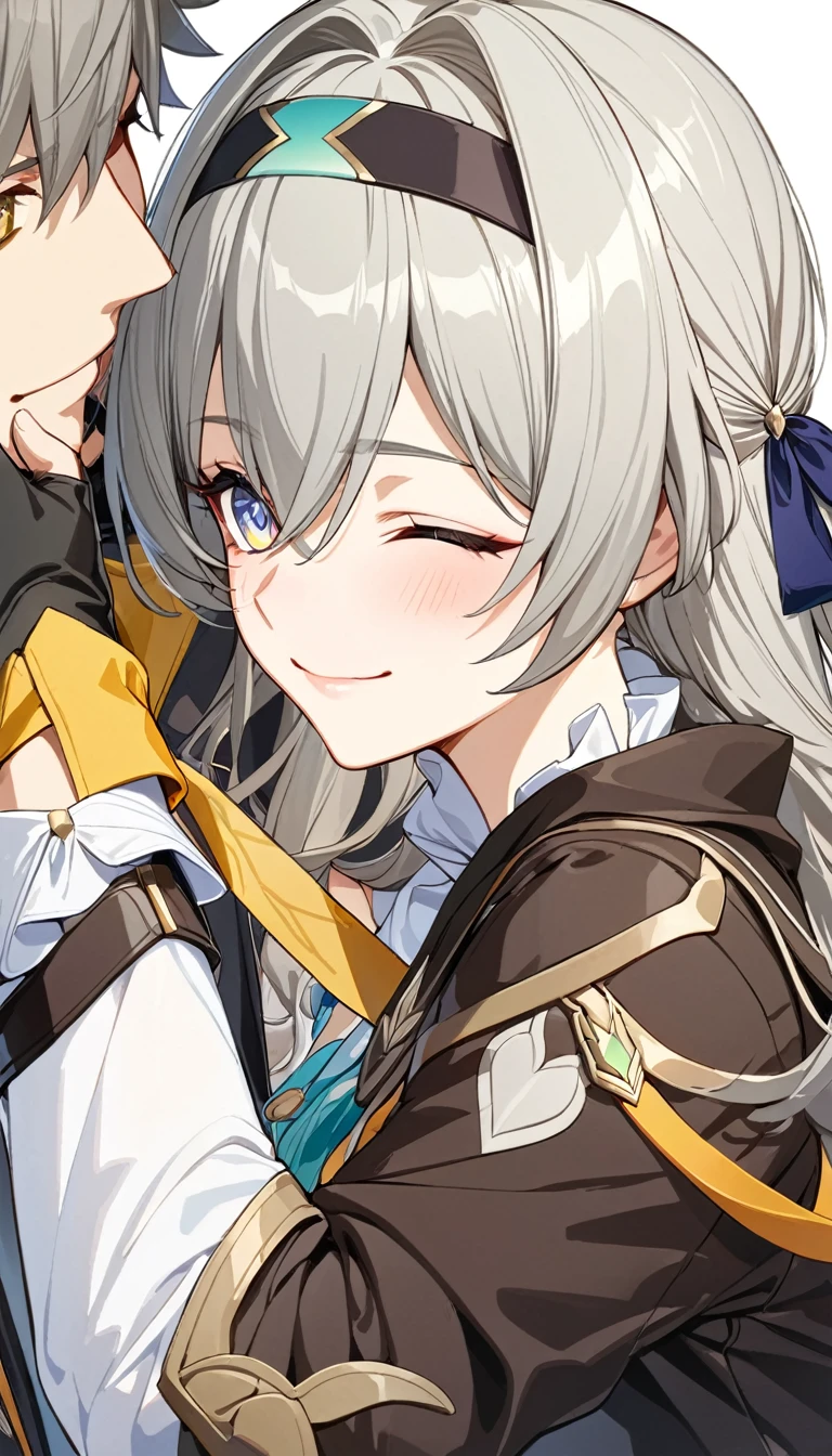 (masterpiece, top quality, best quality, official art, beautiful and aesthetic:1.2),(8k, best quality, masterpiece:1.2), (((masterpiece))),(((best quality))),(((extremely detailed))),illustration, who, (masterpiece, top quality, best quality, official art, beautiful and aesthetic:1.2),(8k, best quality, masterpiece:1.2), masterpiece, best quality, illustration, highres, ultra-detailed, caelus \(honkai: star rail\),commentary request,firefly \(honkai: star rail\), 1girl, 1boy, grey hair, hairband, hug, long hair, smile, jacket, closed eyes, black jacket, shirt, white shirt, blush, gloves, one eye closed, black hairband, hand on another's head, bow, closed mouth, hair between eyes, hair bow, long sleeves, black gloves, hair intakes, short hair, fingerless gloves, simple background, yellow eyes, white background, username, upper body, sidelocks