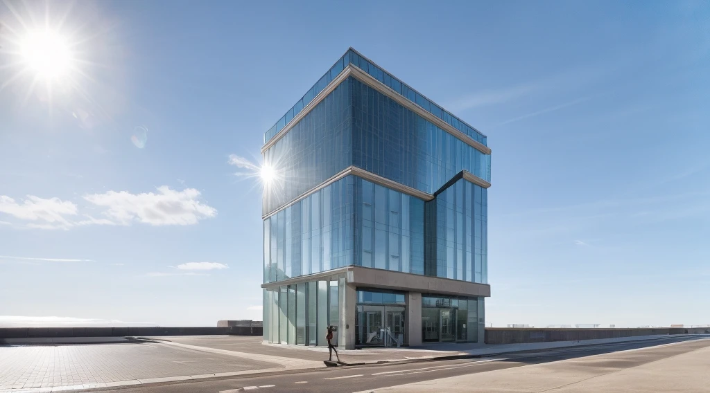 exterior of highrise office building, contemporary style, Large reflective glass panels, blue sky, beautiful landscape, stone pavement,cars, RAW photo, 8k uhd, dslr, soft lighting, high quality, film grain, Fujifilm XT3,masterpiece,