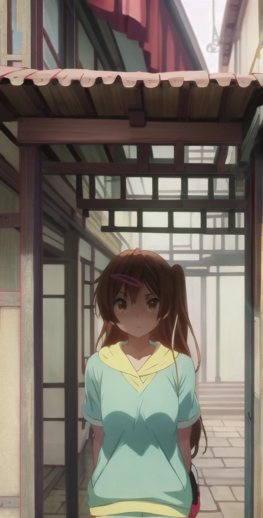 masterpiece, best quality, highres, BREAK
,embarrassed,chinese narrow dirty alleyway daytime, , green, mediterranean theme, , eye level shot, ,(looking at viewer:1.0), ,BREAK,
shinka nibutani, короткие шорты, футболка
,