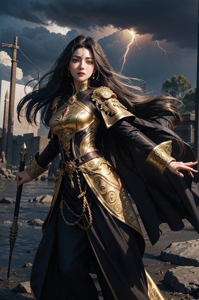 Created a film poster for the epic fantasy film entitled 'ANAK DURHAKA'. The poster features a fierce woman wearing an ornate black dress with gold trim, holding a shining whip. She had a stern and powerful expression, with her long hair flowing dramatically in the wind. The background is filled with majestic clouds with lightning strikes from within the clouds, giving it a majestic and epic feel. The title 'ANAK DURHAKA' and the names of the actors are clearly displayed in bold gold letters, the logo "3D BANG ROMA".