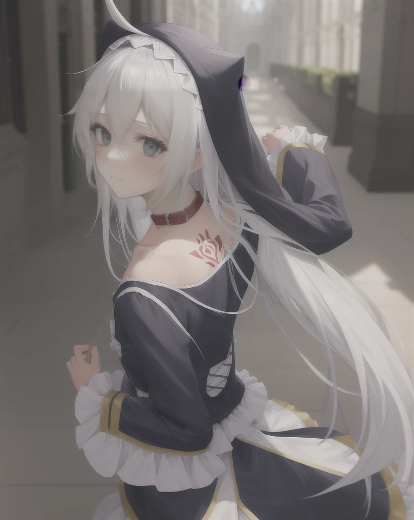 1girl,solo,blue eyes,white hair,hair between eyes, very long hair,Ahoge, collarbone,  frills, nun,long sleeves,dress,show one's back, Naughty tattoo on the back, Wearing a dog collar 