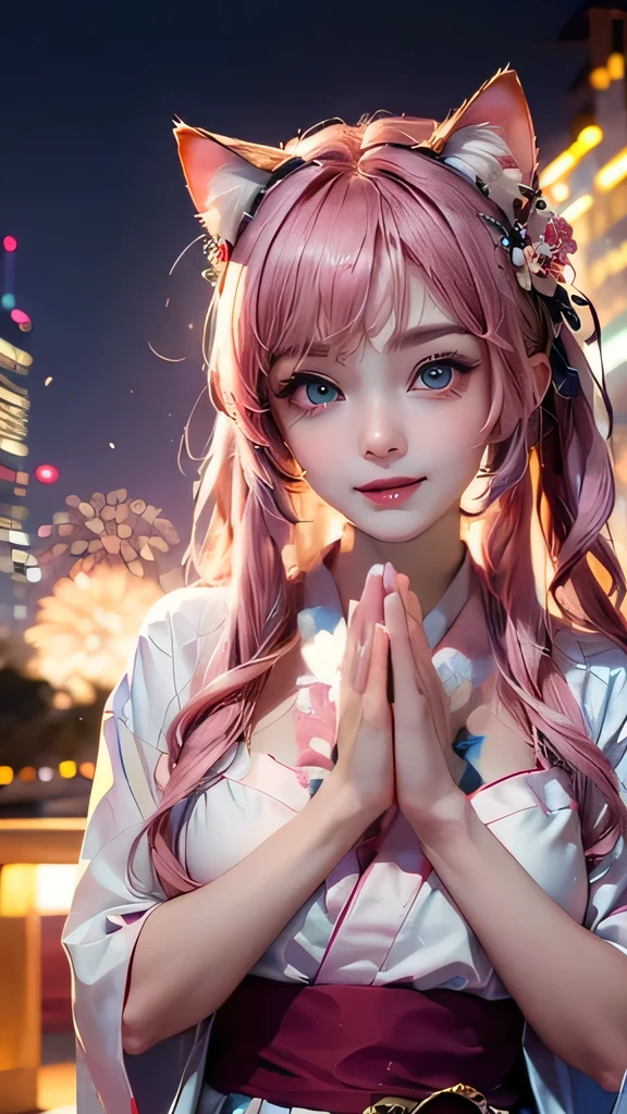 ((Highest quality)), ((masterpiece)), (detailed), 8K, High Resolution,One girl, Pink Hair, Perfect Eyes, Goddess of Athena, (I'm praying:1.4), Hands together, (have confidence:1.6), (Facing forward:1.5), (Be confident:1.5), Fireworks display on background, smile, pink floral yukata, Cat ear, (Angel's wing:1.2), big eyes, (The body also faces forward:1.5),