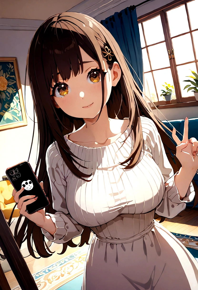 ((1girl)), super fine illustration, vibrant colors, absurdres extremely detailed CG, 8k wallpaper, (masterpiece:1.3), dynamic angle, dynamic pose,
best quality, depth of field, cinematic lighting, ultra detailed, brown long hair, very straight hair, large breast, white knit dress , 20yo, cute, very baby face, brown eyes, kawaii, smile, droopy eyes, arms at sides, smartphone, modern living room, peace fingers, Hold your smartphone in your hand、The screen is facing you
