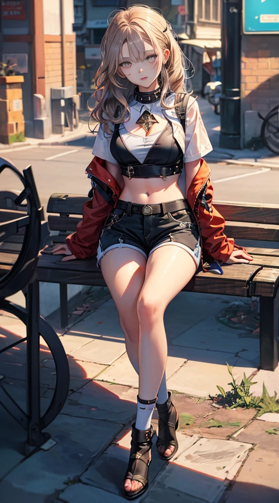 highres, 1girl, ((hair cover one eye, loona shorts, face detailed, spiked collar, pentagram on chest, Legs long, bored face, feets, and to the cauda, academy, dentro da academy, luvas loona, sitting on a bench))), solo, crop top, breasts big, fully body, tummy, Waist slender, big hips, ((((front)))), loona, black thighs, hairy, Pelo, antrum, Eyes red, patas