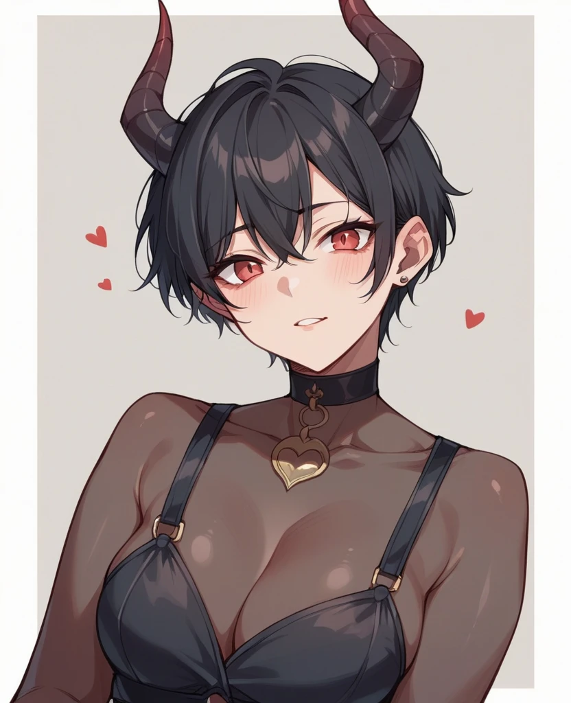 Black Hair、Succubus、Short Hair、boyish、horn、Devil&#39;s Tail、Cool、One eye is hidden by hair、Small breasts、naked、Open pussy、Leg spread、Cheeky look、Sticking out tongue、bed、