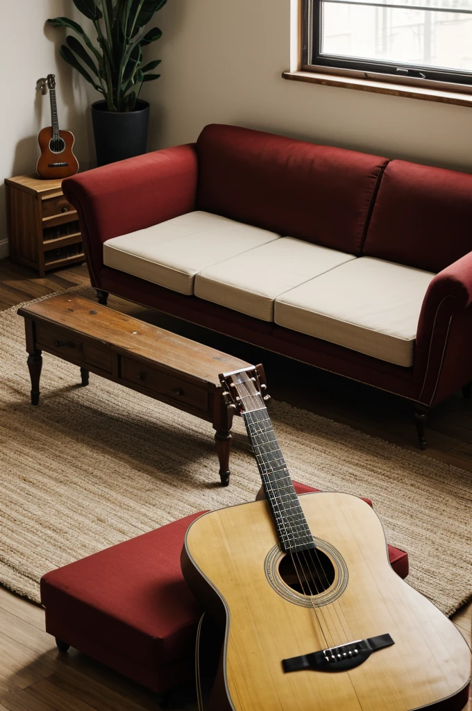 From a meter away there is a old sofa with an acoustic guitar and a pillow on it