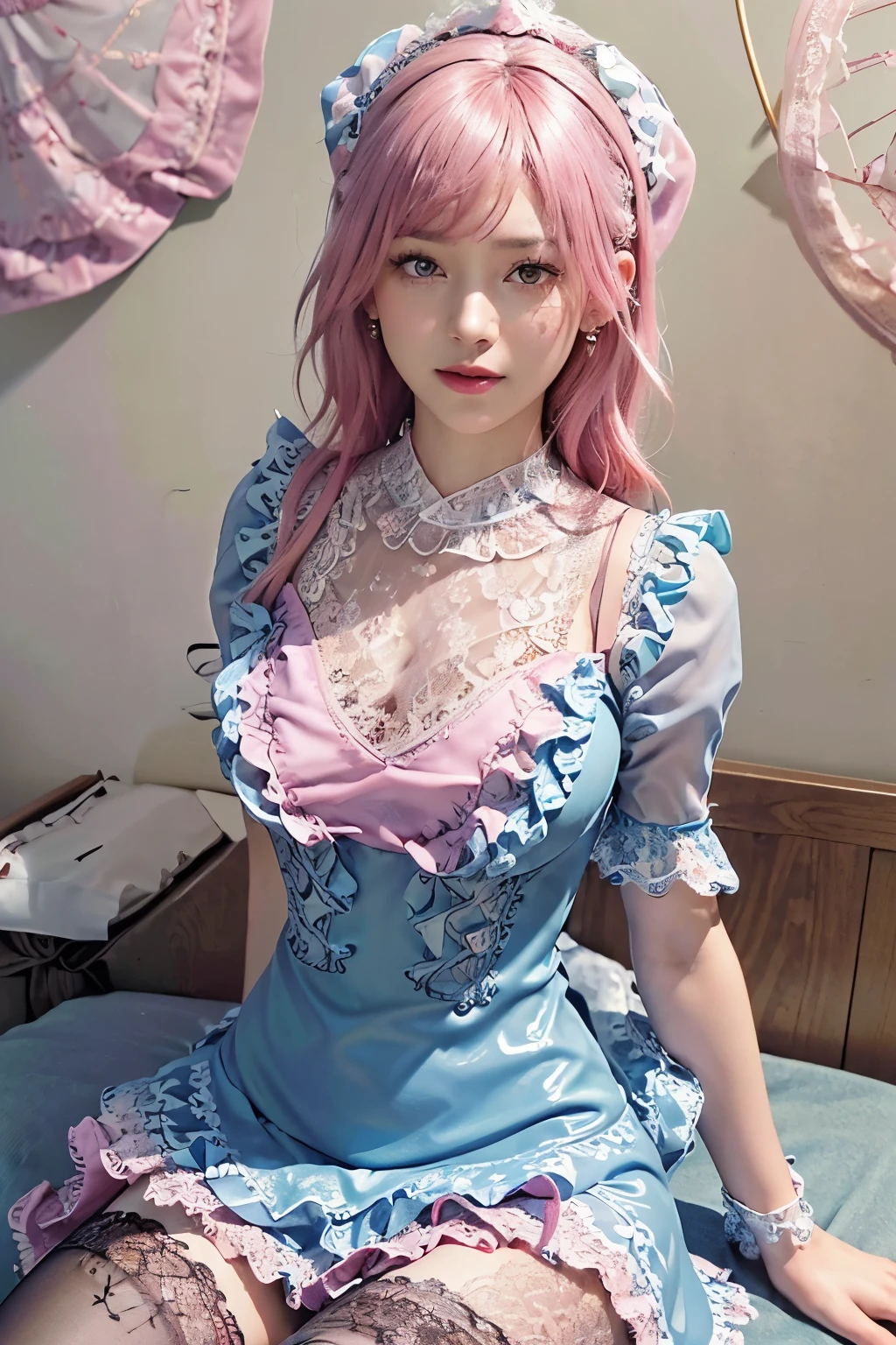 (8K, top-quality, masterpiece:1,2), (reallistic, Photorealsitic:1.37), Super Detail, One girl,), (Highly detailed), (beautifully detailed eyes), (of the highest quality), (super detailed ), (masterpiece), (Detailed face),20yr old, ,1 girl, full body, (pink hair:1.3), Very long hair, ??????????????, clothed, Perfect Lighting, ????? and ????????????, looking at viewer, smile, (dynamic angle:1.2),(large lase ribbon tied around her neck:1.2),(ultra detailed embroidery maid dress with lace:1.3), (transparent puff sleeves:1.2),(ultra detailed embroidery latex body suit decorated with (frills and lace:1.5):1.3),(ultra detailed denim short pants:1.3),(ultra detailed embroidery knee high stocking:1.5),(ultra detailed decorative earrings:1.2)