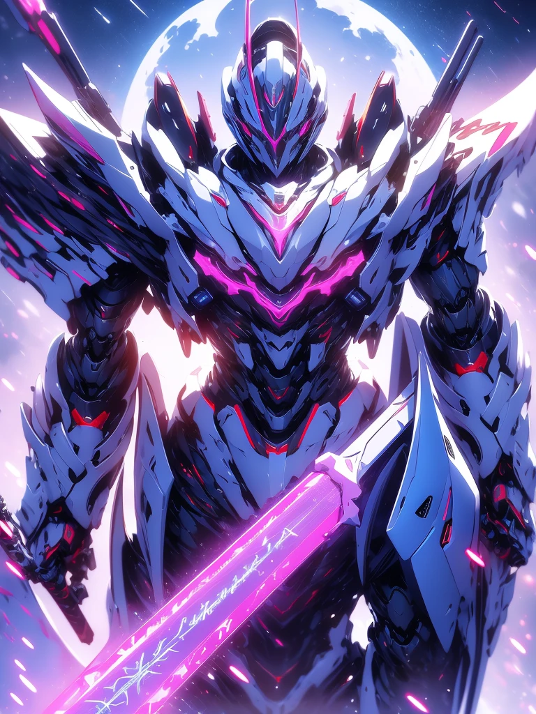 mecha_musume, 1 robot knight, long_hair, science_fiction, weapon, lightsaber, holding_sword, blue_eyes, solo, headdress, holding_weapon, mecha, bust, pink and white livery, angel halo, sad gaze, upper body, ethereal wings
