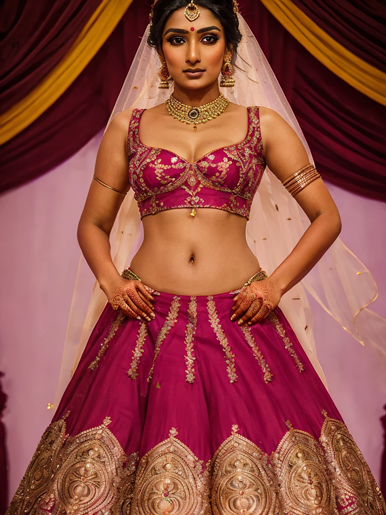 Indian Bride in a vibrant lehenga choli set, round deep navel, eyes symmetry, face symmetry, HDR, bold and rich colors, intricate embellishments, and festive accessories for a celebratory look, HDR