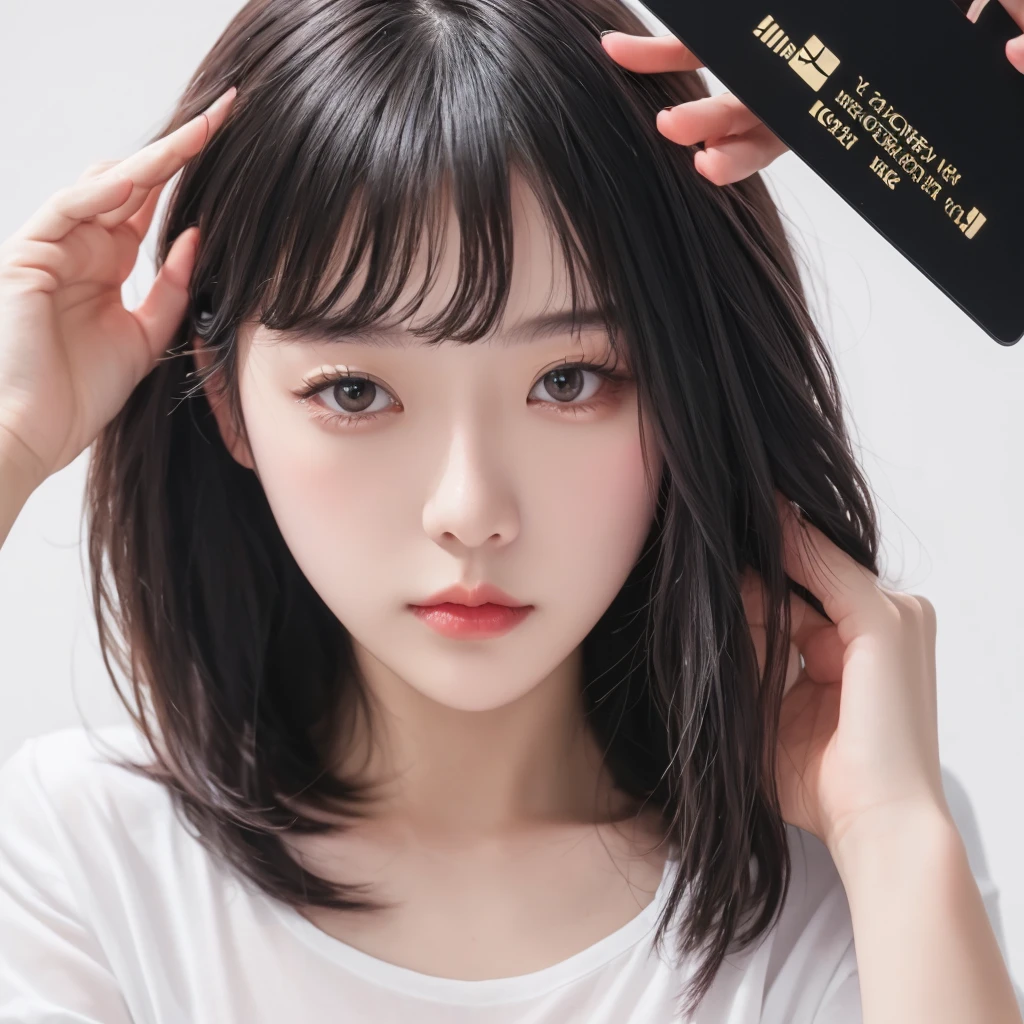 Korean SNS celeb model, woman, body hairstyle, long style, bob length, soft curl, integrated into face line bangs, black hair, Nikon Z7 II Mirrorless Camera, 120mm F/4 wide-angle lens, best quality, masterpiece, ultra detailed, cowboy shot, flowing, 3dmm, ink sketch, color ink, ink rendering, octane render, pastels, rice paper, clear face, full hairstyle, white background, only face and neck, white t-shirtface centered, passport photo style