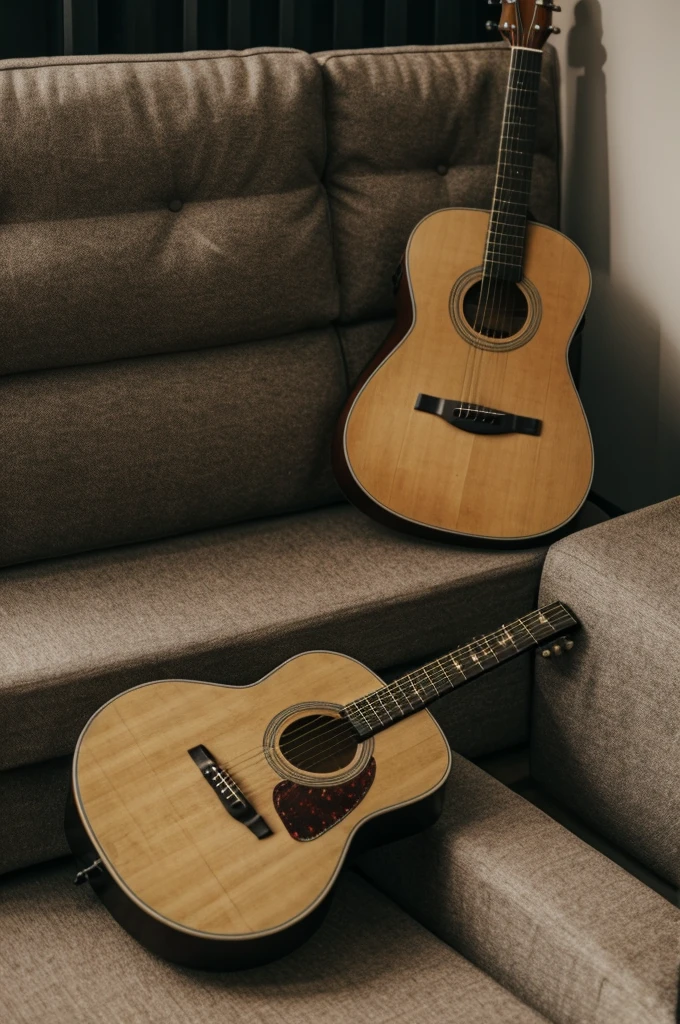 From a meter away there is a old sofa with an acoustic guitar and a pillow on the sofa