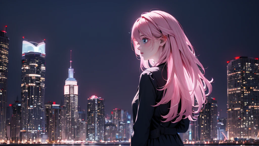 1 girl, medium light pink hair, light blue eyes, wearing black suit 4D, night city, absurdres, high res, ultrasharp, 8K, masterpiece, looking from behind