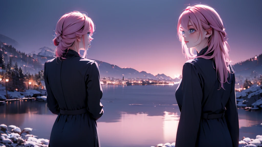 1 girl, medium light pink hair, light blue eyes, wearing black suit 4D, night city, absurdres, high res, ultrasharp, 8K, masterpiece, looking from behind