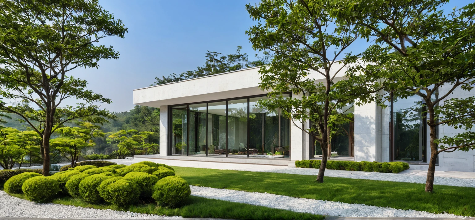 qlcd,tingyuan, photo of modern villa, grassland, garden, shrubs and trees, rock decoration, clear sky, sun light, realistic photo