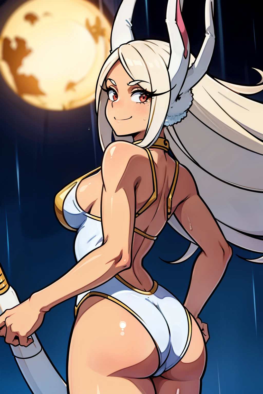 cute girls,round red eyes, White hair、Is behind,rabbit ears,big butt,sexy、smiling,Medium to long straight hairstyle、(big tits,she wears a gold swimsuit,In a rental house,Is behind,evening,it was raining outside,Upper body is wet..,whole body,she wears a gold swimsuit,she wears a gold swimsuit,sexy