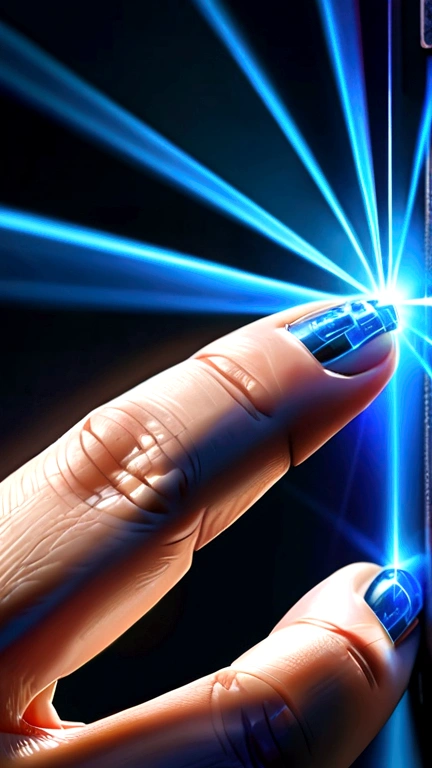 A cybernetic human finger shooting a blue laser beam
