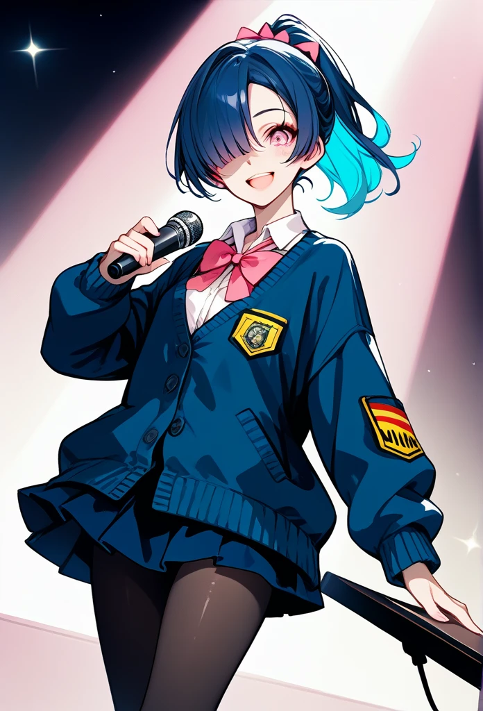 mature woman, mature face, pink eyes, excited expression, excited face, wide smile, glossy lips, ponytail hair, (blue hair color, pink gradient hair color, azure color hair), bangs covering left eye, left blinding bangs hairstyle, mature body, small breasts, dark blue cardigan, short skirt, navy color skirt, pantyhose, idol, stage, both hands holding microphone