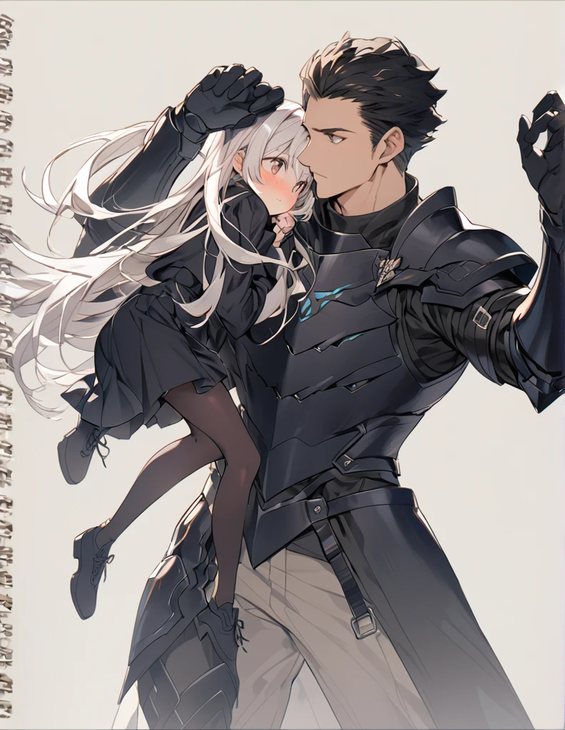 A man in black armor holding a girl with short white hair

