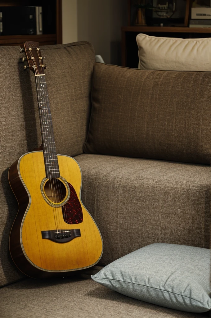 From a meter away there is a old sofa with an acoustic guitar and a pillow on the sofa
