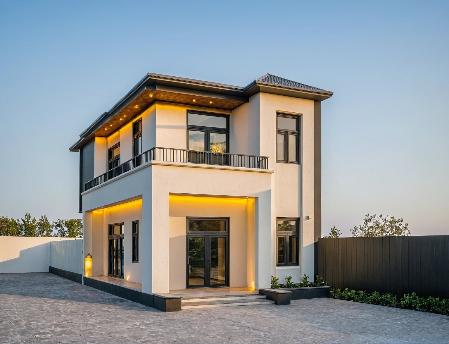 head of'artwork, High quality, best quality, authentique, great detail, En plein air, villa de plain-piedXL, credit group, style de maison moderne dans la rue ,stairs, white wall ,road,pavement, grass, trees, sky, nuvens, (day light:1.1)