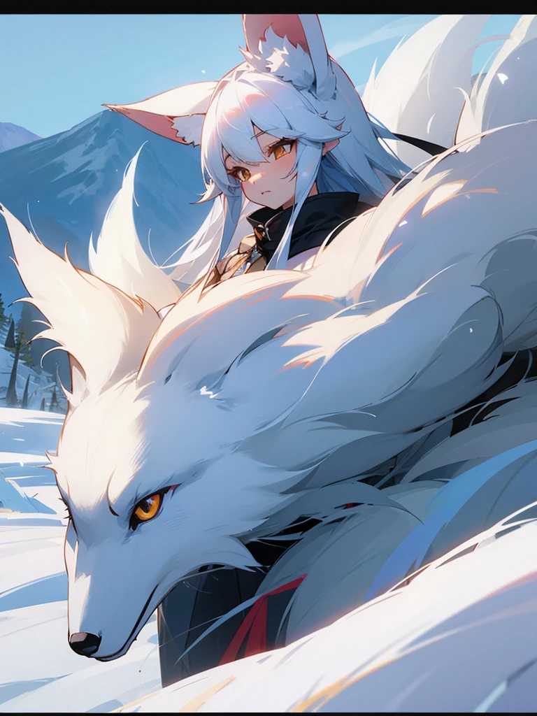 White kitsune girl on the mountain