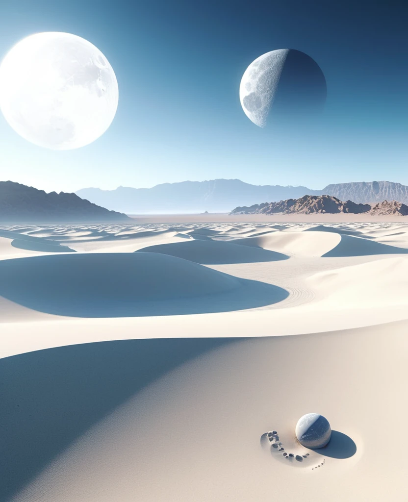 Sense of technology, futuristic, futuristic technology,concept art of an alien planet with giant moon,land,desert and mountains,Sense of technology,blue grey colors,wide shot of white sand dunes with an empty parking lot in the foreground, photorealistic, hyper realistic, octane render,