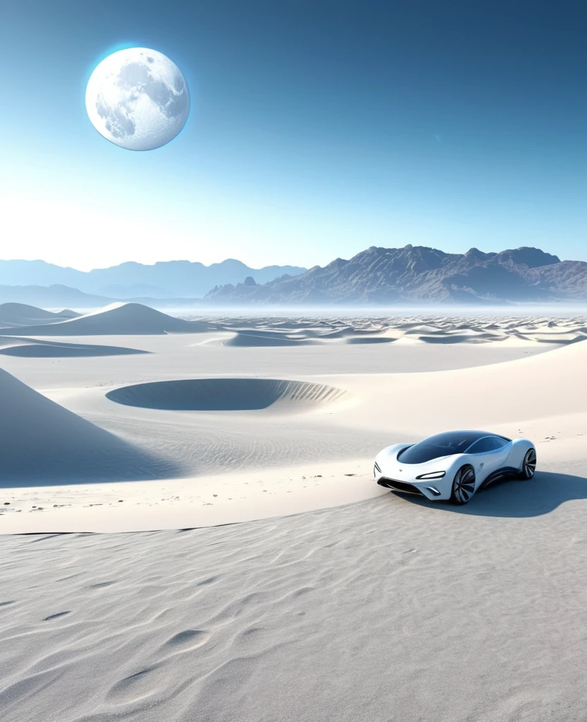 Sense of technology, futuristic, futuristic technology,concept art of an alien planet with giant moon,land,desert and mountains,Sense of technology,blue grey colors,wide shot of white sand dunes with an empty parking lot in the foreground, photorealistic, hyper realistic, octane render,