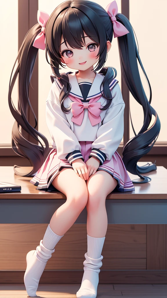 ((jk, 2girls)), (petite kawaii, bishojo), (cute, smiling), (sleepy eyes), ((masterpiece)), (best quality), (ultra detailed), ((highres)), (exquisite), (depth), (high standard), (beautiful and aesthetic), (super detailed skin), (perfect anatomy), (full body), (blush), (summer, serafuku), (socks), (big bow in hair), (lipstick), (class room), (twintails)