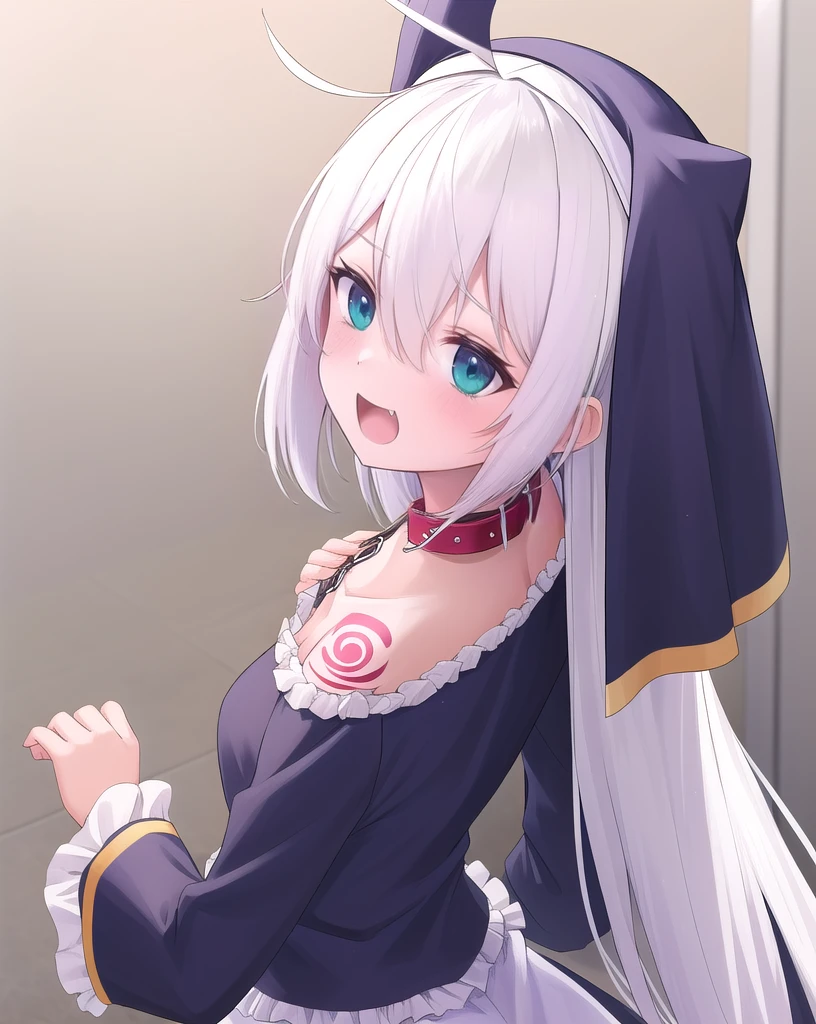 1girl,solo,blue eyes,white hair,hair between eyes, very long hair,Ahoge, collarbone,  frills, nun,long sleeves,slave dress,show one's back, Naughty tattoo on the back, Wearing a dog collar 