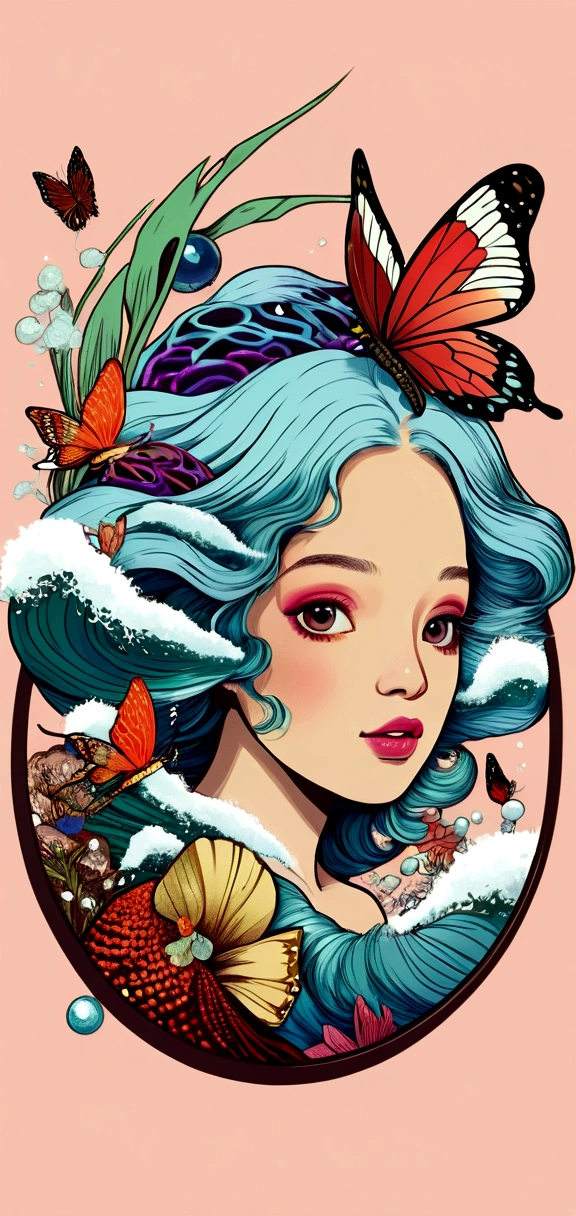 a woman with blue hair and a butterfly in her hair, vector art inspired by Yuko Shimizu, behance contest winner, pop surrealism, official illustration, in style of digital illustration, a beautiful artwork illustration, colorful illustration, portrait of mermaid, colored illustration, colorfull illustration, detailed color portrait, loish |, portrait of mermaid queen, detailed digital illustration