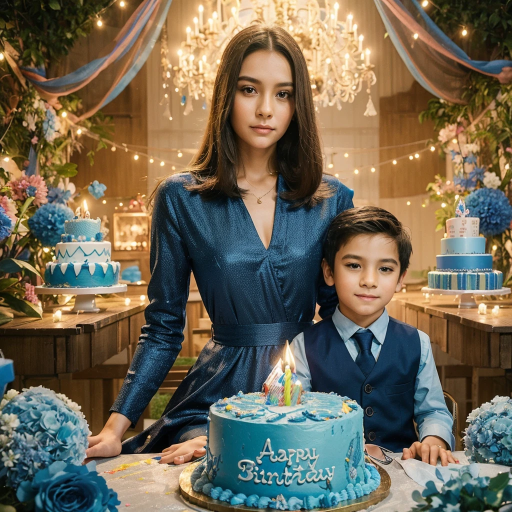real potrait, full body, a woman with long straight hair, wearing closed blue party clothes, and a 4 year old boy wearing blue party clothes, being seated, in front of him is a birthday cake, there are numbers "4" and there is writing "Azka Timothy on birthday cake, A beautiful home yard is the background, full of birthday ornaments, night atmosphere, There are colored lights behind it, intricate details