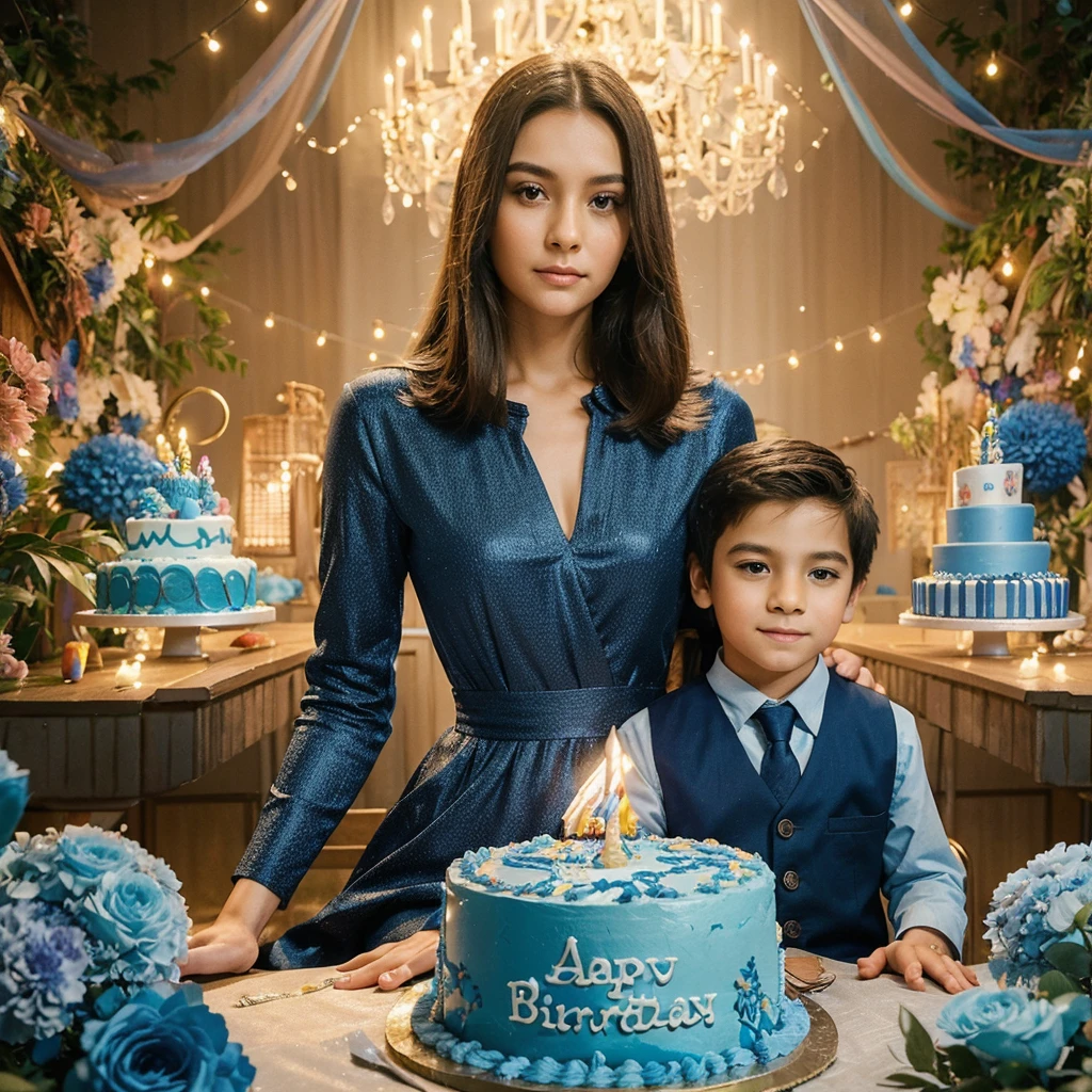 real potrait, full body, a woman with long straight hair, wearing closed blue party clothes, and a 4 year old boy wearing blue party clothes, being seated, in front of him is a birthday cake, there are numbers "4" and there is writing "Azka Timothy on birthday cake, A beautiful home yard is the background, full of birthday ornaments, night atmosphere, There are colored lights behind it, intricate details