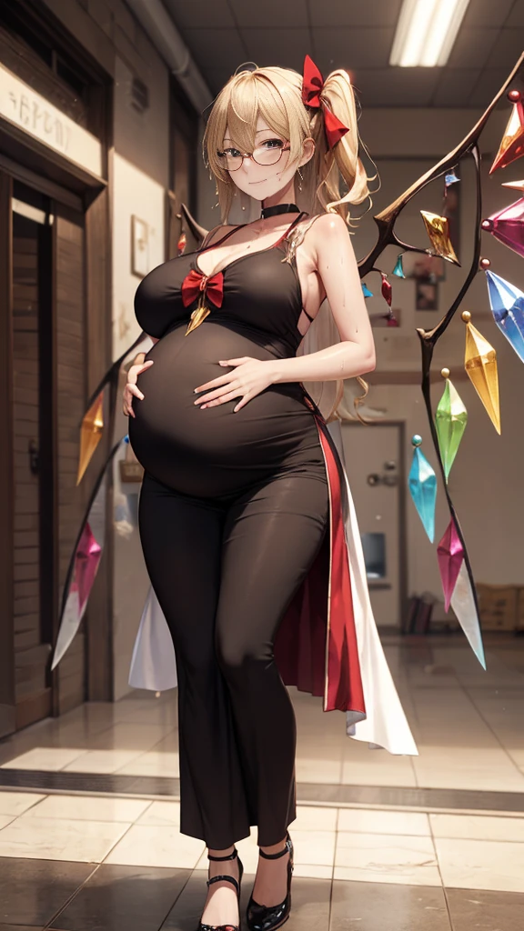 (Full body, glasses, detailed), An image of a pregnant Flandre scarlet wearing a magical girl costume with her belly on full display. She has a smug face. (She is very sweaty and steamy)