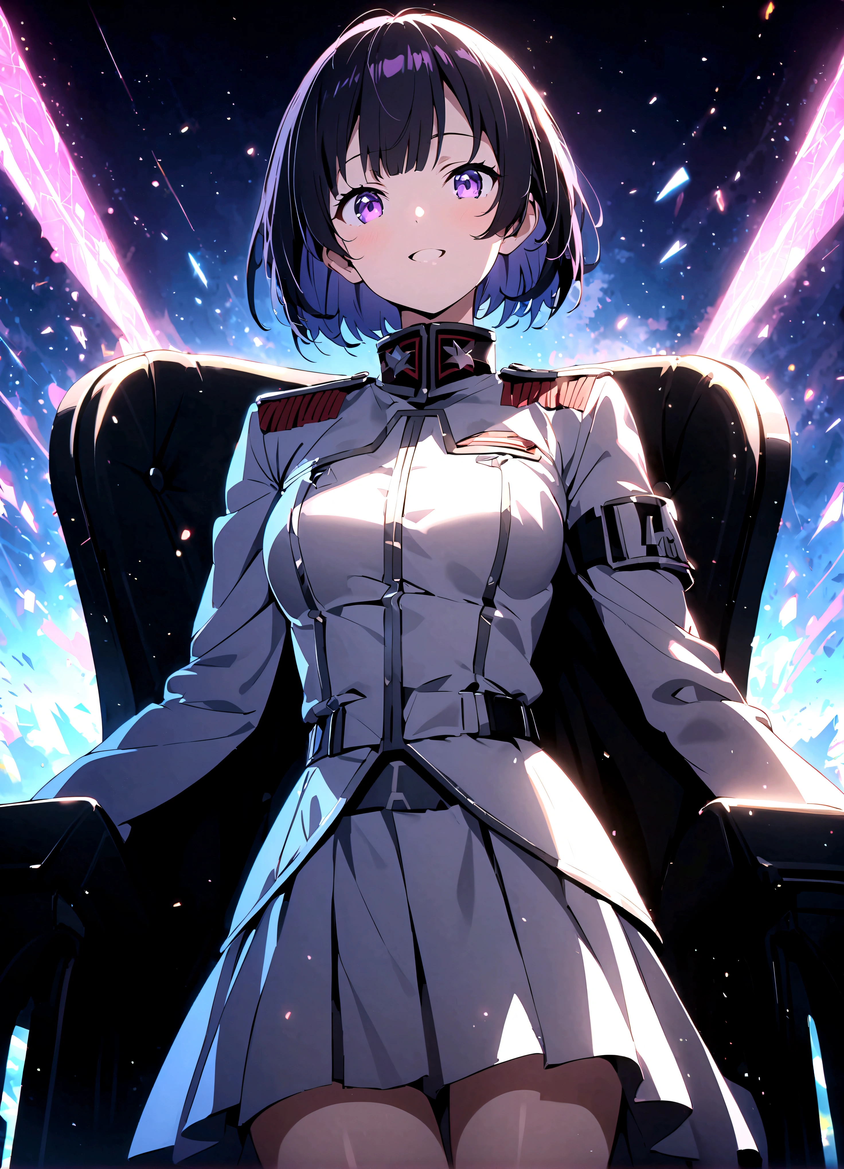 Score 9、Score 8 up、Score 7 up、Score 6 up、Source Anime、
1 girl、Medium chest、Purple Eyeedium Hair、Black Hair、Bobcut、Mischievous face、Grey Imperial uniform、Star Wars、Captain's Chair、Cowboy Shot、