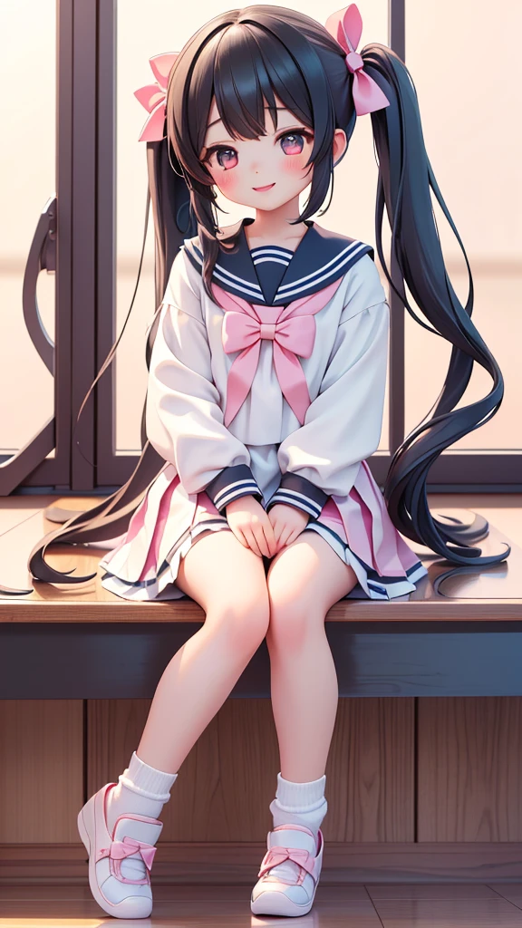 ((jk, 2girls)), (petite kawaii, bishojo), (cute, smiling), (sleepy eyes), ((masterpiece)), (best quality), (ultra detailed), ((highres)), (exquisite), (depth), (high standard), (beautiful and aesthetic), (super detailed skin), (perfect anatomy), (full body), (blush), (summer, serafuku), (socks), (big bow in hair), (lipstick), (class room), (twintails)