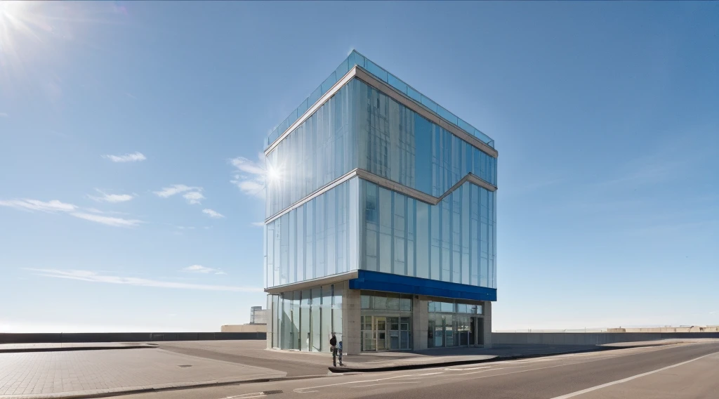 exterior of highrise office building, corner street, contemporary style, Large reflective glass panels, blue sky, beautiful landscape, stone pavement,cars, RAW photo, 8k uhd, dslr, soft lighting, high quality, film grain, Fujifilm XT3,masterpiece,