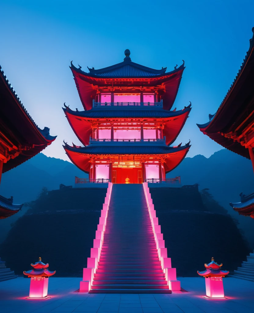 minimalist, ultra high definition photography of the zen temple building with an extremely minimal architecture design. The temple is made out of only one single piece of colored glowing neon light. A person stands in front of steps leading up to it. Blue and pink sky at dusk