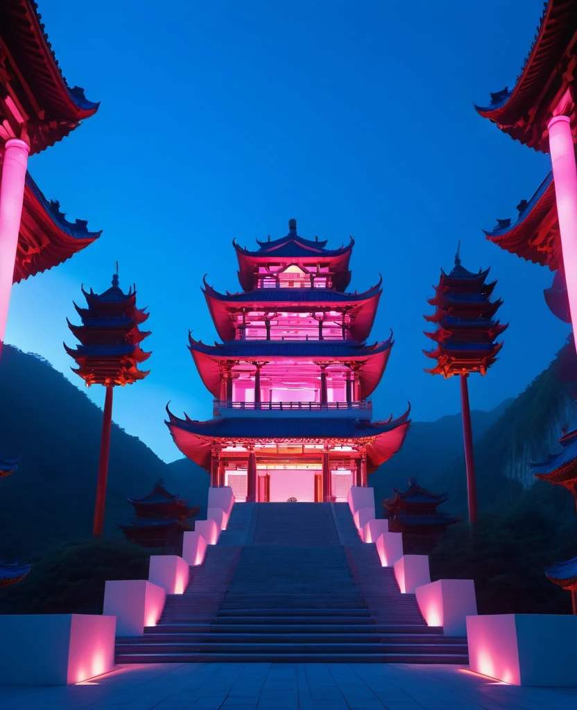 minimalist, ultra high definition photography of the zen temple building with an extremely minimal architecture design. The temple is made out of only one single piece of colored glowing neon light. A person stands in front of steps leading up to it. Blue and pink sky at dusk