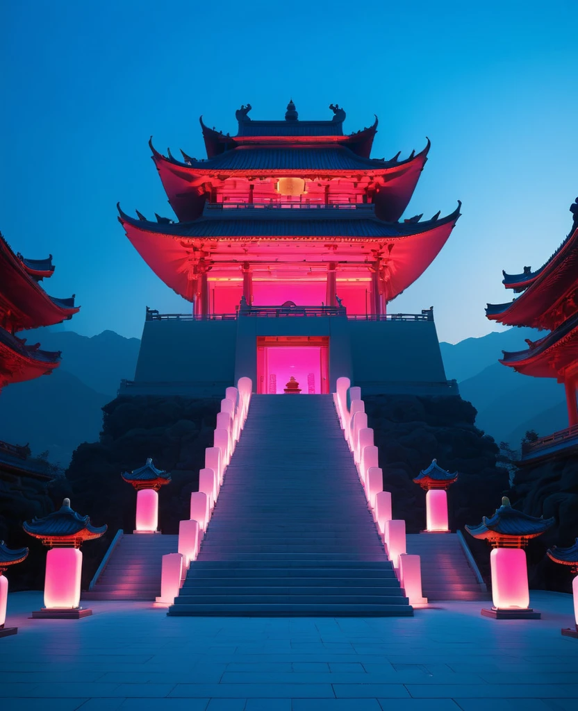 minimalist, ultra high definition photography of the zen temple building with an extremely minimal architecture design. The temple is made out of only one single piece of colored glowing neon light. A person stands in front of steps leading up to it. Blue and pink sky at dusk