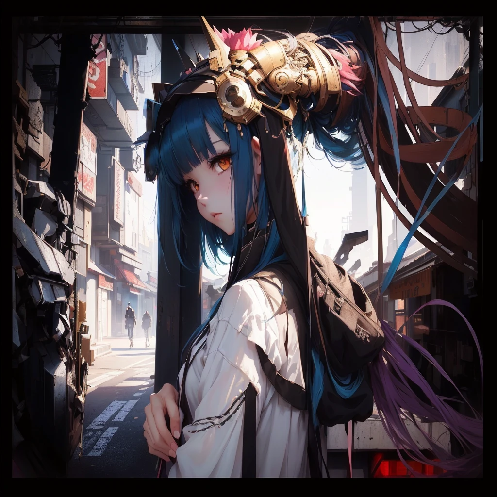 An anime girl with blue hair and a headpiece stands in front of a building, Anime Style 4k, everyone, by Yuumei, Anime style digital art, guweiz on pixiv artstation, Guweiz on ArtStation Pixiv, Gweiz-style artwork, Anime Art Wallpapers 8K, Digital Cyberpunk Anime Art, Oil painting, Rembrandt