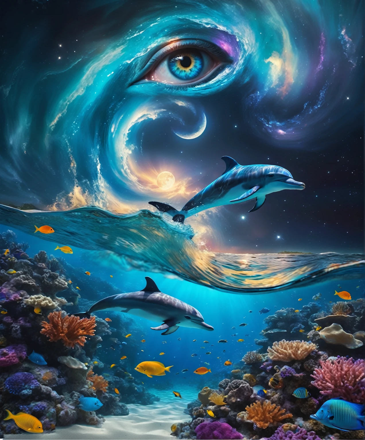 a surreal and fantastical image with the following elements: Setting: A beach with a surreal twist, where the ocean blends with a cosmic sky, moon liminism. Foreground: Vibrant coral reefs with detailed textures and various tropical fish swimming around. Midground: one Dolphin swimming just below the surface,and one Dolphin jump out the wave, illuminated by moonlight filtering through the water. Background: A sky dominated by a massive cosmic eye, surrounded by swirling galactic patterns and luminous stars. Spiraling waves seamlessly blend into the cosmic sky. Colors: moon liminism ,Dominant tones of blue, turquoise, and violet. Accents of yellow and orange from the tropical fish. Composition: The scene should guide the viewer’s gaze from the detail. best quality, 8k, highres, masterpiece, ultra-detailed, realistic, photorealistic, photo-realistic, HDR, vivid colors, cinematic lighting, surreal, fantasy, digital art, concept art