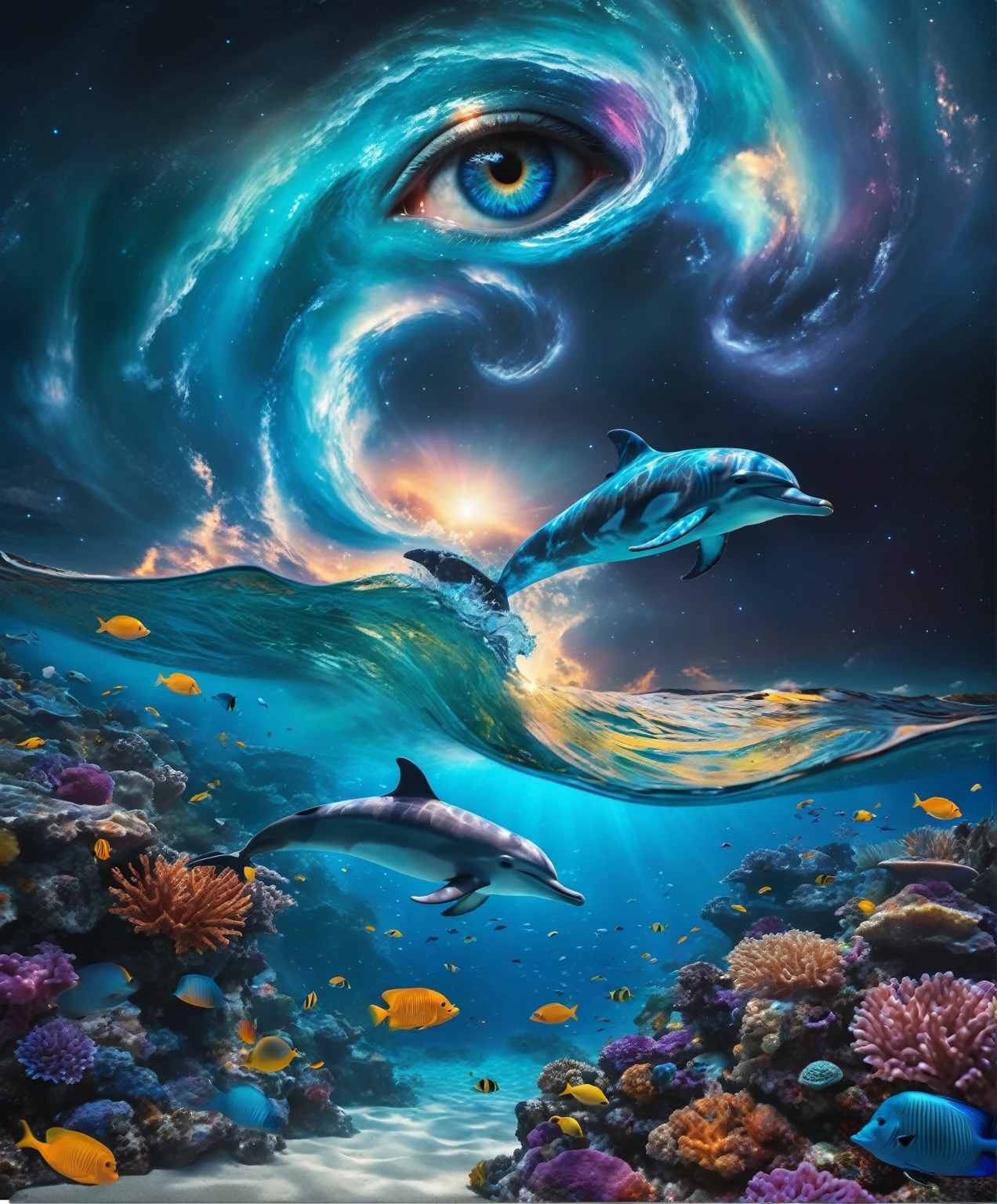 a surreal and fantastical image with the following elements: Setting: A beach with a surreal twist, where the ocean blends with a cosmic sky, moon liminism. Foreground: Vibrant coral reefs with detailed textures and various tropical fish swimming around.  Midground: one Dolphin swimming just below the surface,and one Dolphin jump out the wave, illuminated by moonlight filtering through the water. Background: A sky dominated by a massive cosmic eye, surrounded by swirling galactic patterns and luminous stars. Spiraling waves seamlessly blend into the cosmic sky. Colors: moon liminism ,Dominant tones of blue, turquoise, and violet. Accents of yellow and orange from the tropical fish. Composition: The scene should guide the viewer’s gaze from the detail. best quality, 8k, highres, masterpiece, ultra-detailed, realistic, photorealistic, photo-realistic, HDR, vivid colors, cinematic lighting, surreal, fantasy, digital art, concept art