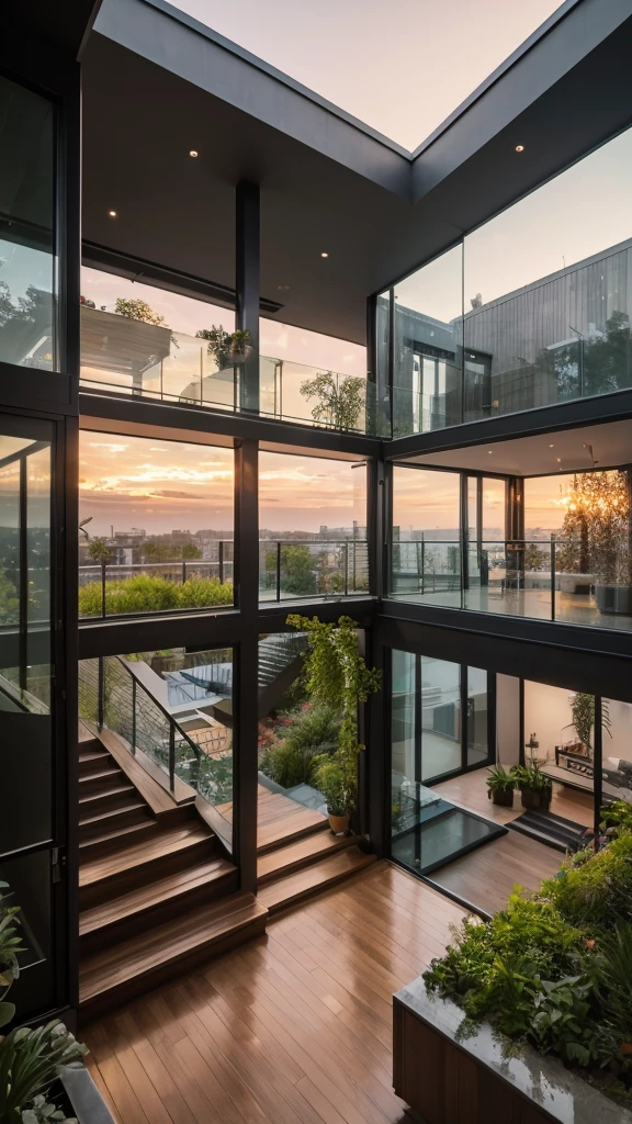 Modern House, Skip Floor, Modern and cozy large living room,, gorgeous, Stairs with plants and pillars in the room, Beautiful views of the city, Sunset, 8K, high quality, Surrealist,  最high quality