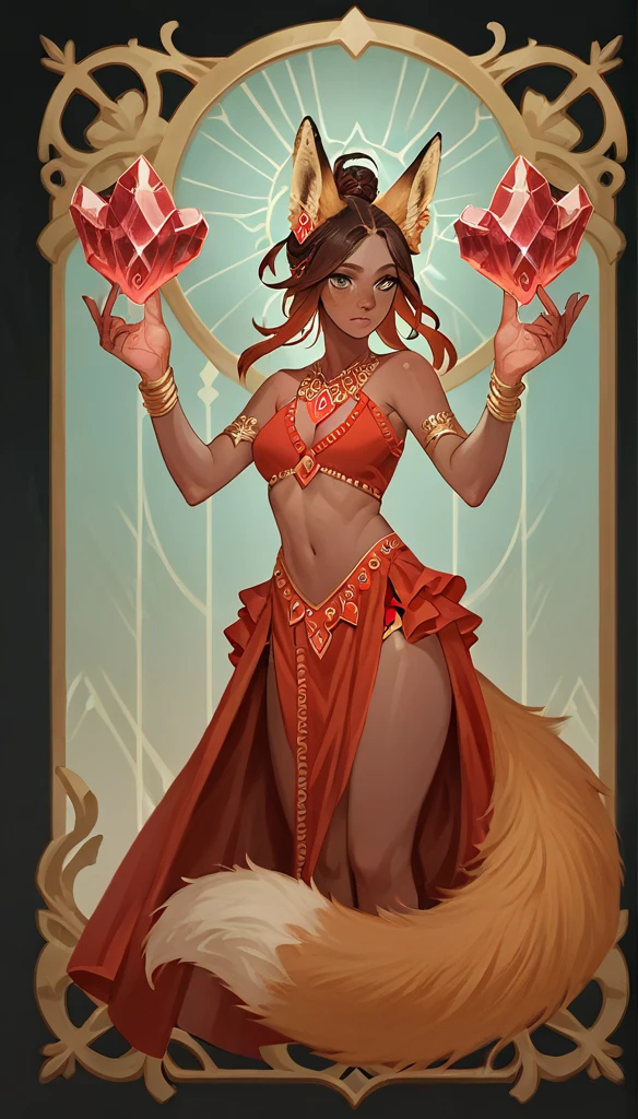 score_9, score_8_up, score_7_up, score_6_up, score_5_up, score_4_up, 
female, (fox:1.2), animal ears, animal tail, holding (red magic Crystals floating on hands), (hands_up0.75), jewelery, hair_bun, dark_skin, dark_skinned_female, red hair, brown eyes, eyelashes, frills, (Translucent arabic [croptop, shorts:0.75] ),
Full body standing painting, (((solo))), Simple line design, ((tarot card background, symmetric beauty)), perfectly symmetrical, The art of symmetry, Standing drawings of characters, ((flatcolors)), tmasterpiecetop Qualities qualtiy