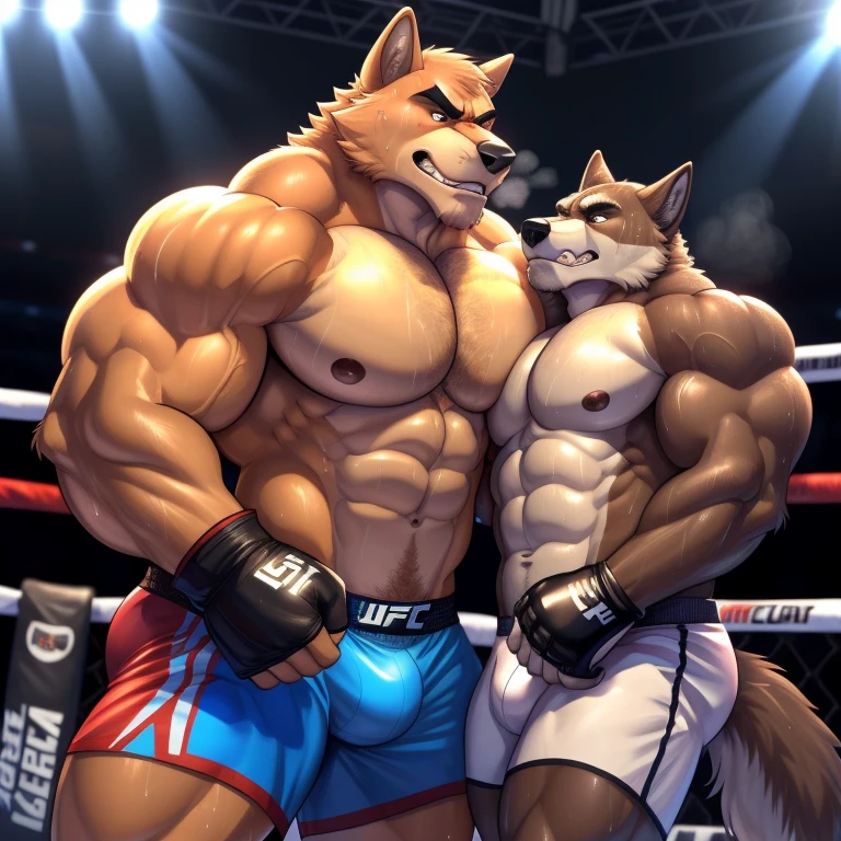 Duo male(Brown Wolf vs Brown Wolf, handsomes, Thick eyebrows), gay(cuddling body, fighting abs, on a UFC match), hot(Shirtless), handsomes(They are handsomes, correct anatomy), musculosos(Big muscle bodies, Six packs, muscle abs, big pecs, muscle backs, muscle legs), sweaty(very sweaty wet bodies, shiny sweat), tatuajes(they have tattoos), Grumpy(Both have an grumpy expression, growling, steaming breath), UFC gloves(They both are wearing red UFC gloves), UFC boxers(They both are wearing boxers), Hight resolution, by(Zourik:1.1) 