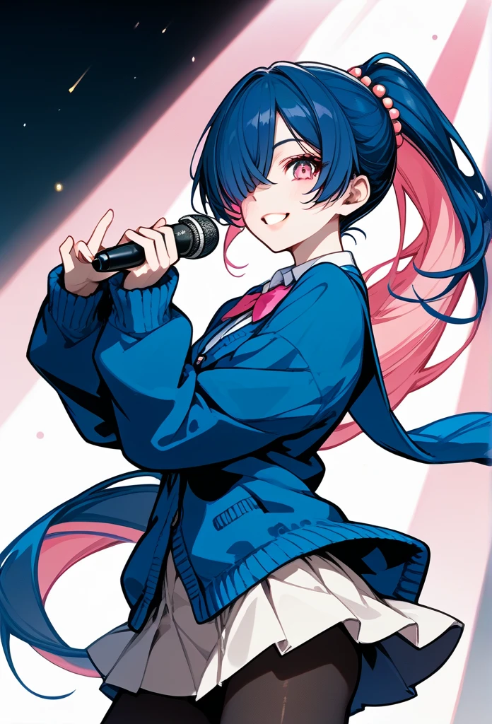 mature woman, mature face, pink eyes, excited expression, excited face, wide smile, glossy lips, ponytail hair, (blue hair color, pink gradient hair color, azure color hair), bangs covering left eye, left blinding bangs hairstyle, mature body, small breasts, dark blue cardigan, short skirt, navy color skirt, pantyhose, idol, stage, holding microphone, (idol pose) 
