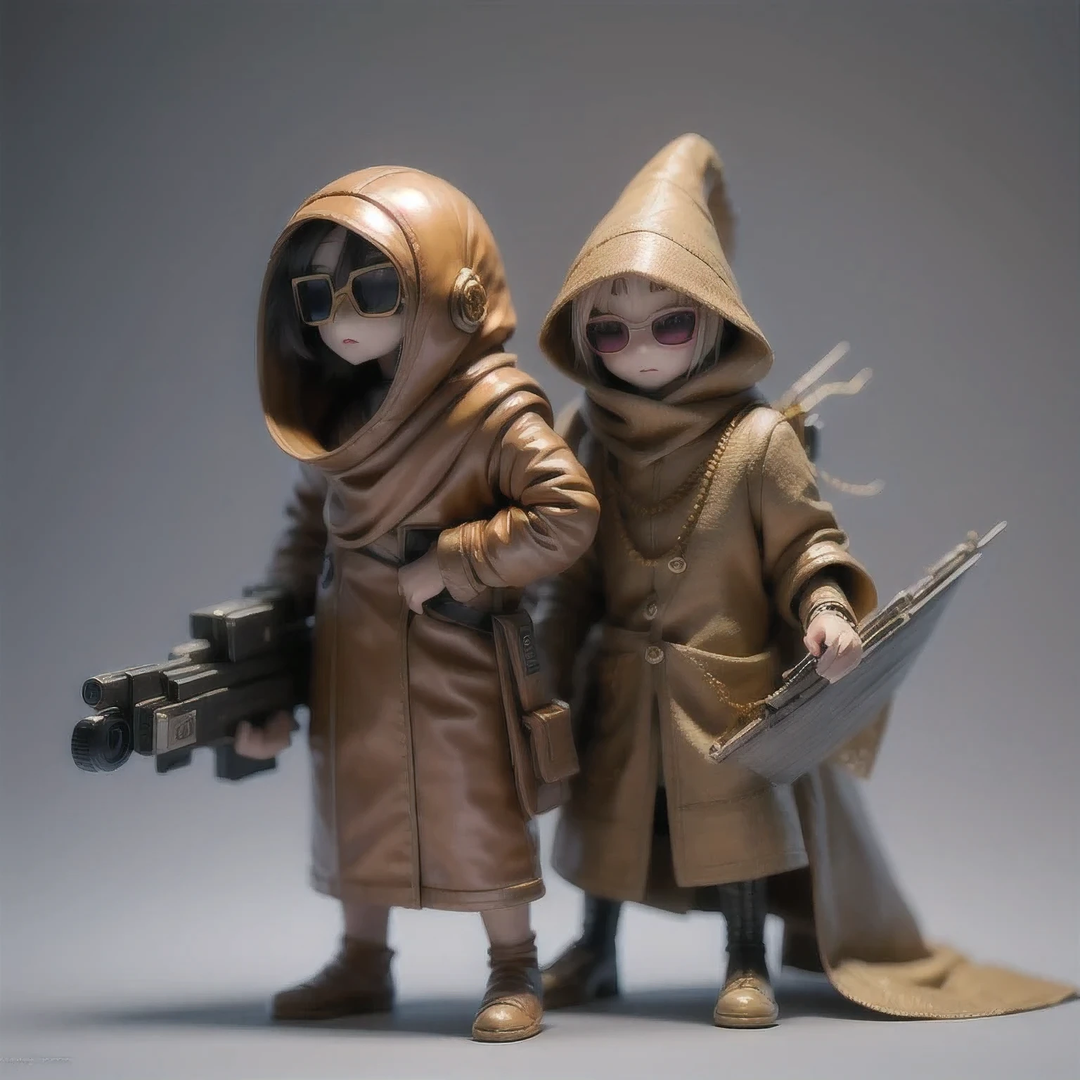 Three-headed body suit copper and gold wire diamond Maya star,Coarse linen cloak rainbow hood platinum silk cyberpunk light crossbow space station 1:900 miniatures,Leather illustration,Side viewing angle,((Side viewing angle)),Wear gold wire-rimmed reflective sunglasses,Carry future weapons,very happy,Side viewing angle,whole body,Stereo,(Nautilus)Octane Rendering,Perfect face,Collagen texture,