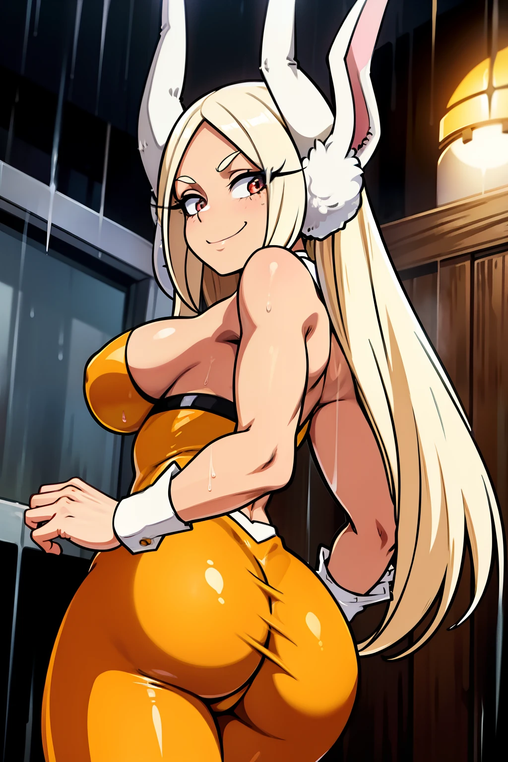 cute girls,round red eyes, White hair、Is behind,rabbit ears,big butt,sexy、smiling,Medium to long straight hairstyle、(big tits,she wears a gold leggings,In a rental house,Is behind,evening,it was raining outside,Upper body is wet..,whole body,she wears a gold leggings,she wears a gold leggings,sexy