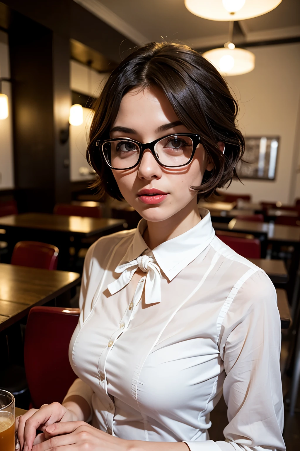 a photo of youth, Nerdy woman sitting in cafe, Wear a white shirt and bow, Surrounded by a cozy atmosphere, looking at the audience.
short hair, thin and long, red lips, Transparent fabric, Flirting with the camera