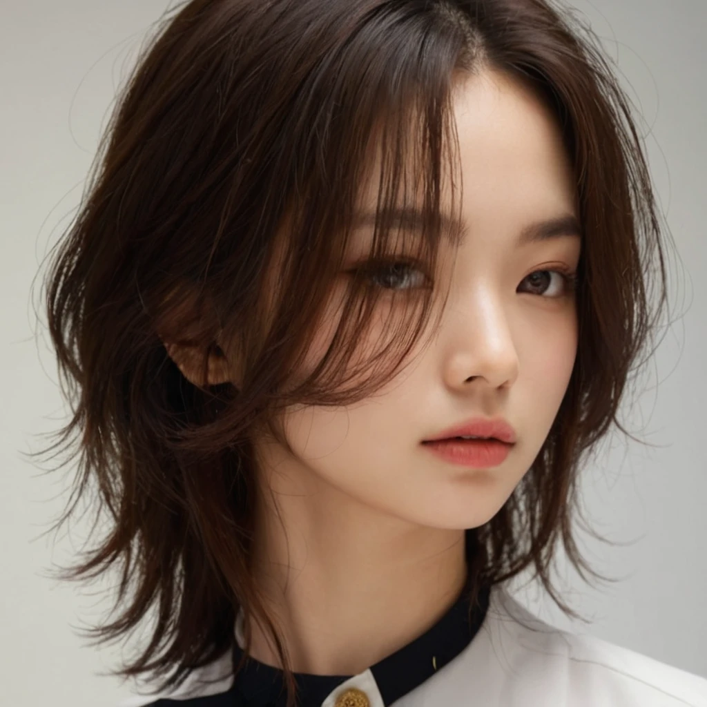 Best Quality, 8k, Masterpiece, (Portrait: 1.3), (photo realistic:1.4), (hyper realistic:1.4), Sharp Focus, looking at viewer, (smoother lighting:1.1), (increase cinematic lighting quality:0.9), realistic lighting, backlighting, light on face, ray trace, (brightening light:1.2), (Increase quality:1.4), sharp detail, (best quality real texture skin:1.4), finely detailed eyes, black_eyes, finely detailed face, 25 year old Korean woman, (white formal_shirt:1.4), (Create an image maintaining the original base model hairstyle:1.5)